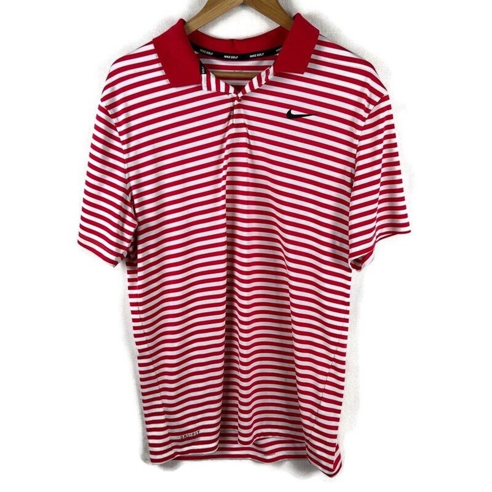 Nike Golf Polo Shirt Women’s Large Red White Stripe Dri Fit Preppy Casual